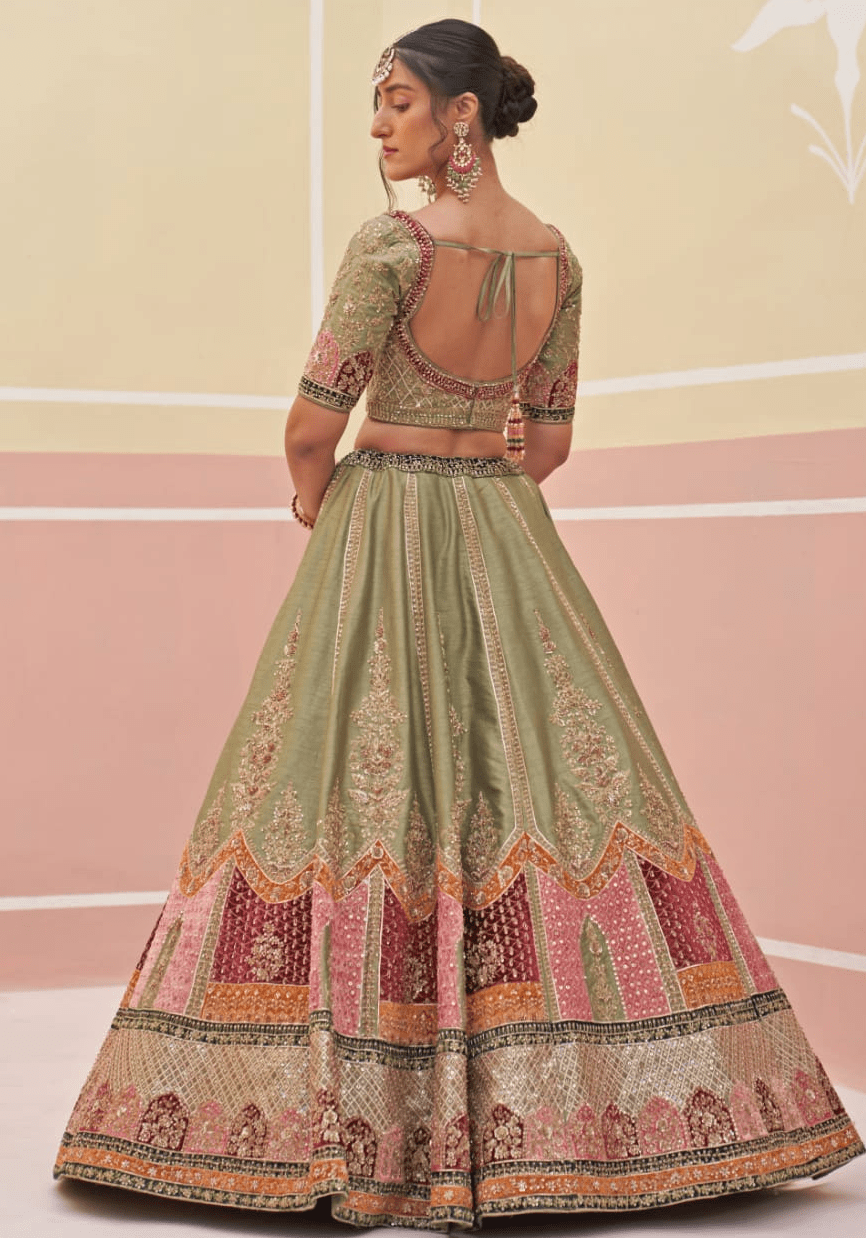 Mehendi Green Silk Bridal Lehenga Angad Singh - Fabilicious Fashion