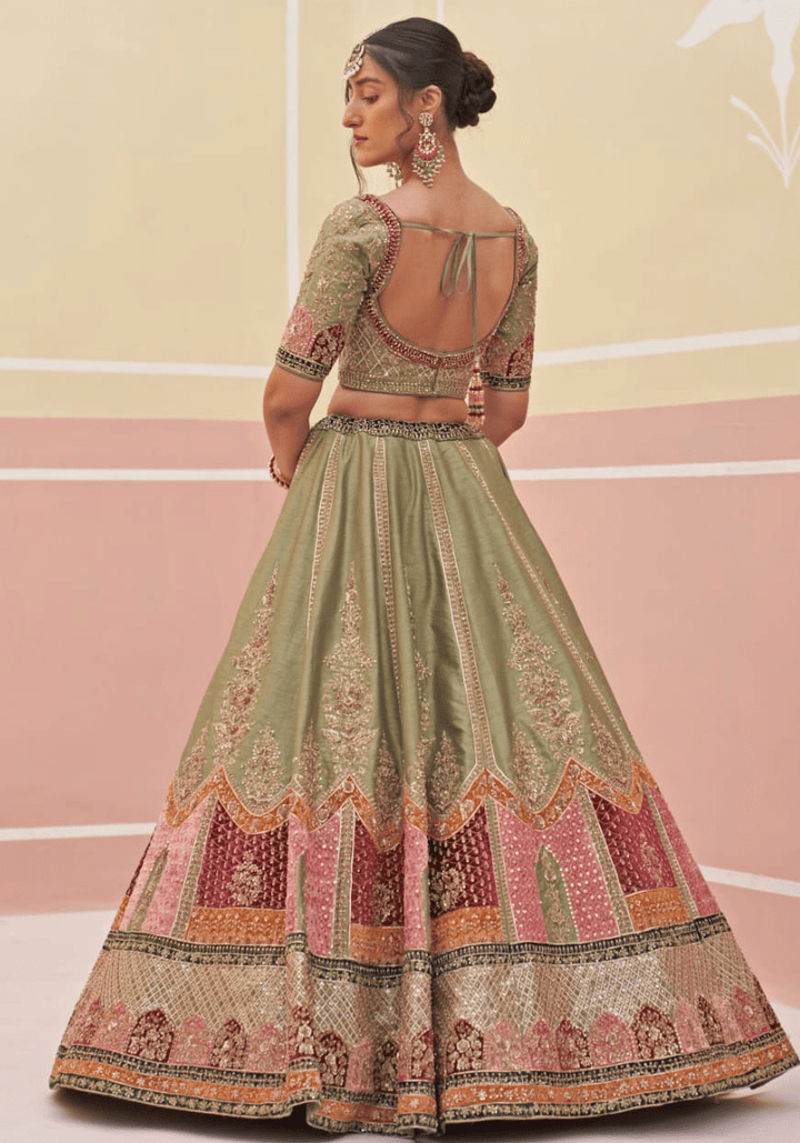 Mehendi Green Silk Bridal Lehenga Angad Singh - Fabilicious Fashion