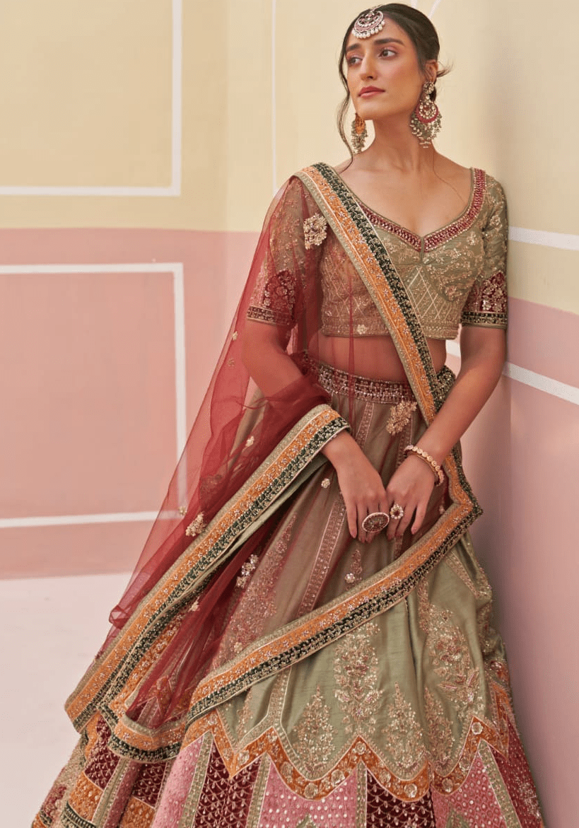 Mehendi Green Silk Bridal Lehenga Angad Singh - Fabilicious Fashion