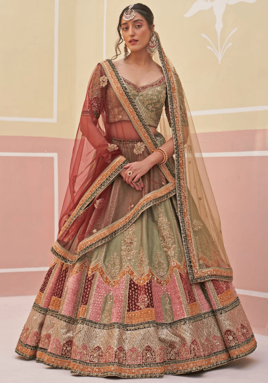 Mehendi Green Silk Bridal Lehenga Angad Singh - Fabilicious Fashion