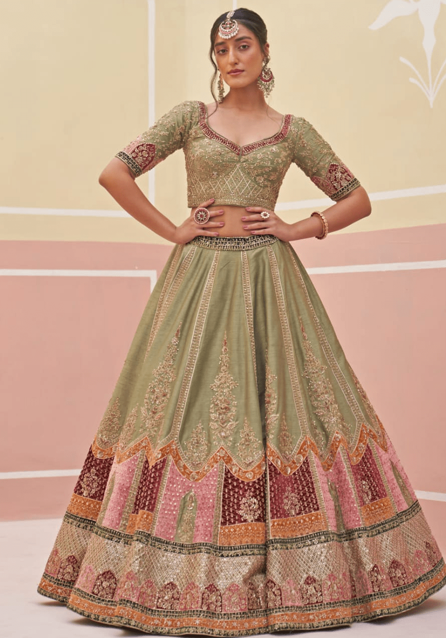 Mehendi Green Silk Bridal Lehenga Angad Singh - Fabilicious Fashion