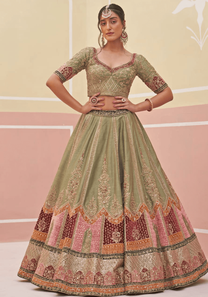 Mehendi Green Silk Bridal Lehenga Angad Singh - Fabilicious Fashion