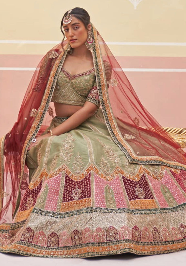 Mehendi Green Silk Bridal Lehenga Angad Singh - Fabilicious Fashion
