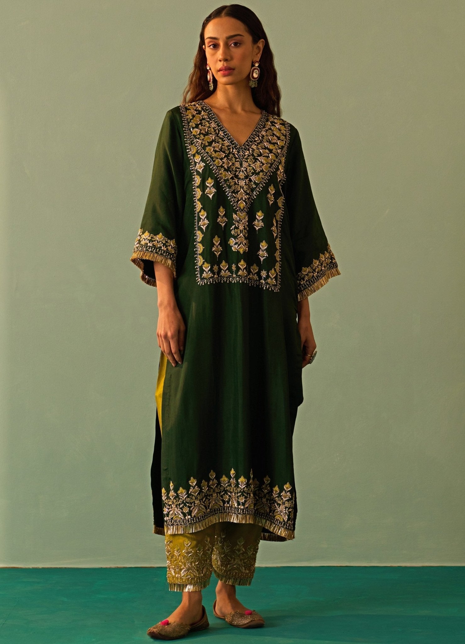 Mehendi Green Silk Velvet Kurta Set main image 0