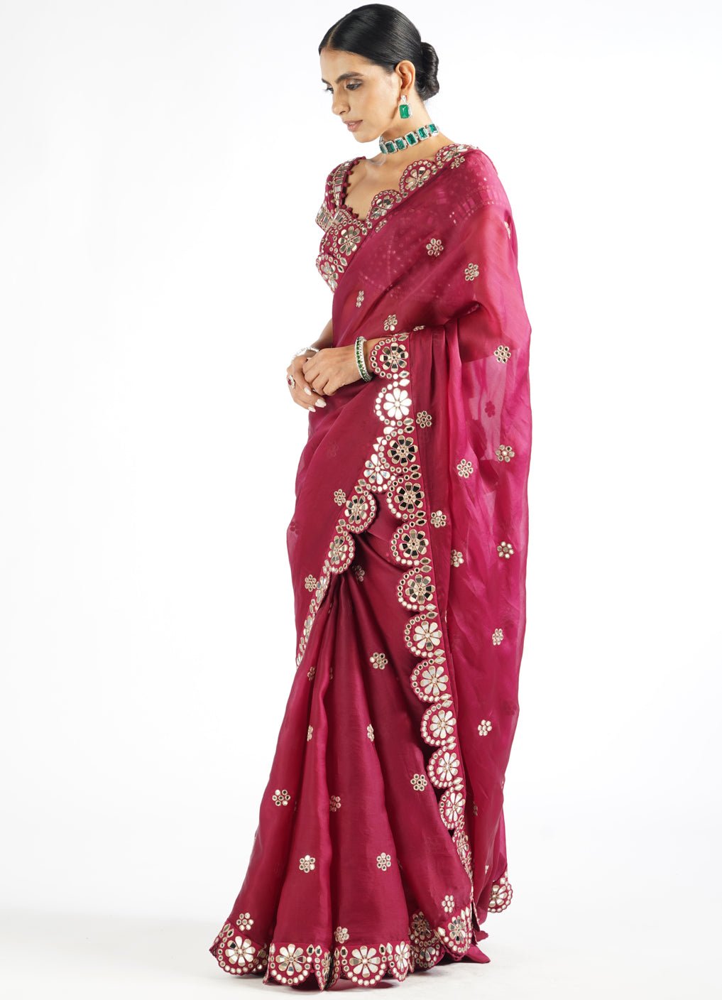 Mellow Wine Satin Organza Mirrorwork Saree With Classic Blouse Vvani by Vani Vats - Fabilicious Fashion