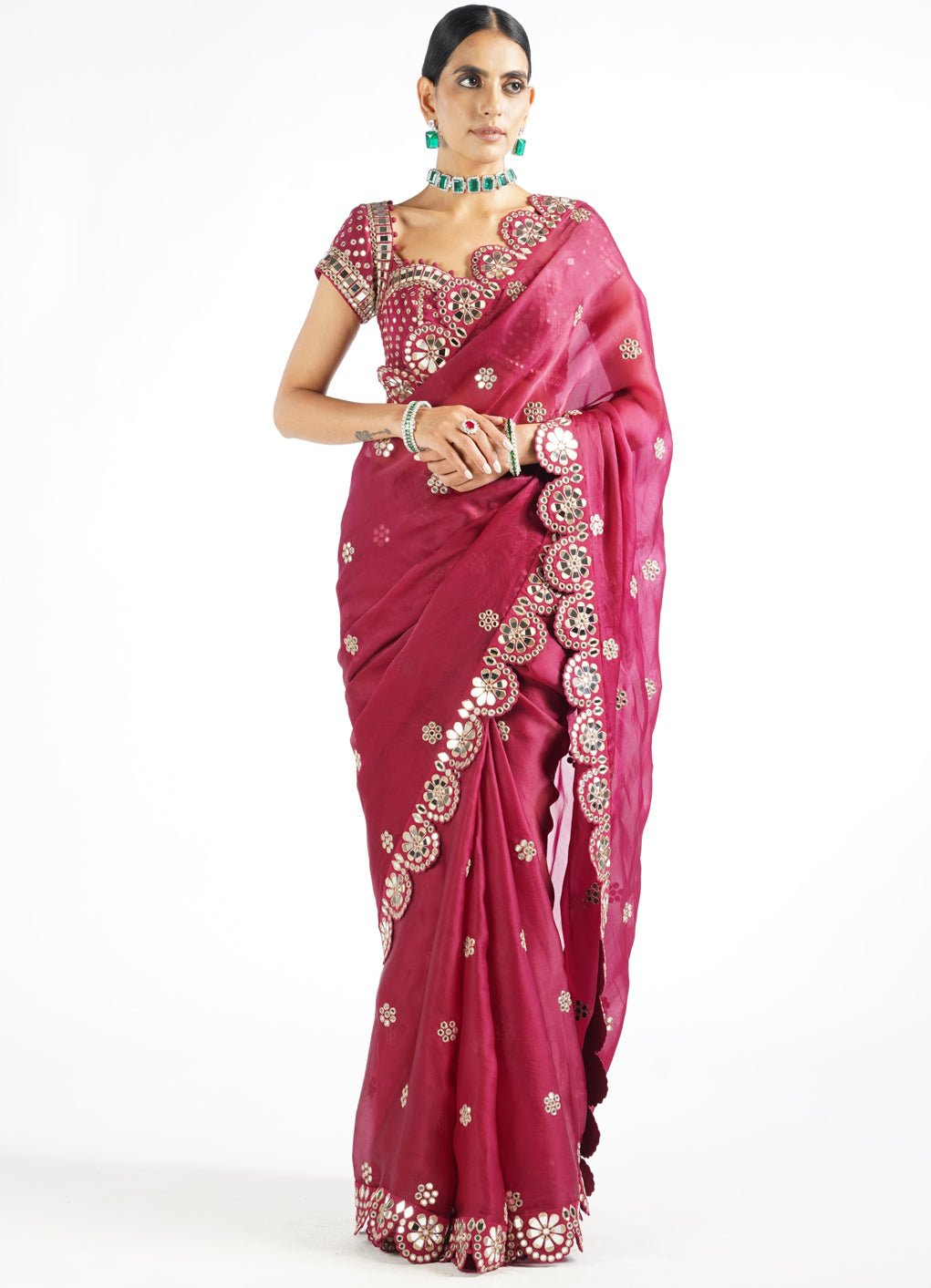 Mellow Wine Satin Organza Mirrorwork Saree With Classic Blouse Vvani by Vani Vats - Fabilicious Fashion