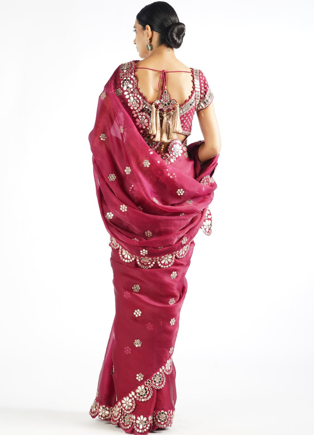 Mellow Wine Satin Organza Mirrorwork Saree With Classic Blouse Vvani by Vani Vats - Fabilicious Fashion