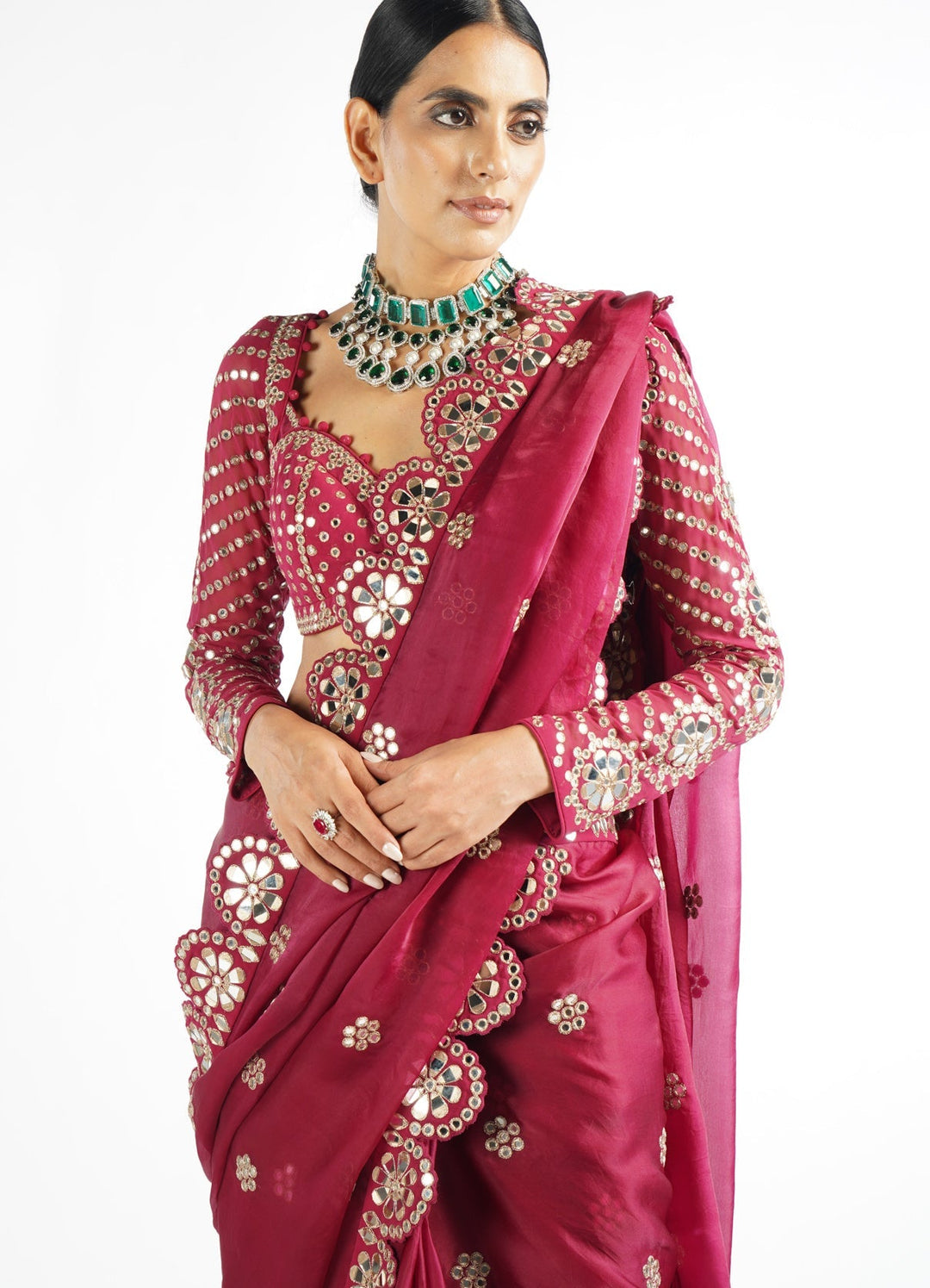 Mellow Wine Satin Organza Mirrorwork Saree With Full Sleeved Blouse Vvani by Vani Vats - Fabilicious Fashion