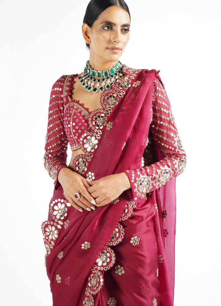 Mellow Wine Satin Organza Mirrorwork Saree With Full Sleeved Blouse Vvani by Vani Vats - Fabilicious Fashion