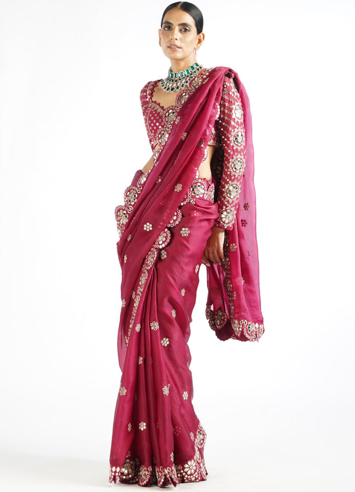 Mellow Wine Satin Organza Mirrorwork Saree With Full Sleeved Blouse Vvani by Vani Vats - Fabilicious Fashion