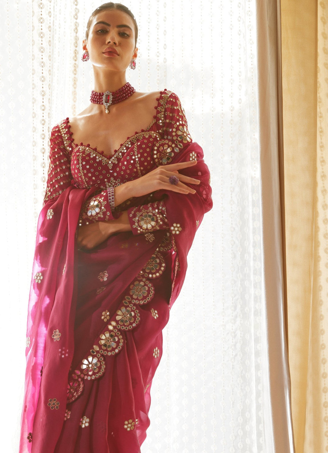 Mellow Wine Satin Organza Mirrorwork Saree With Full Sleeved Blouse Vvani by Vani Vats - Fabilicious Fashion