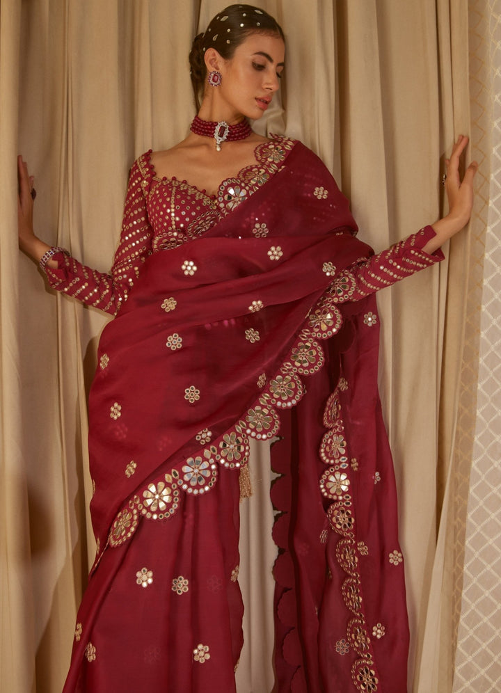 Mellow Wine Satin Organza Mirrorwork Saree With Full Sleeved Blouse Vvani by Vani Vats - Fabilicious Fashion