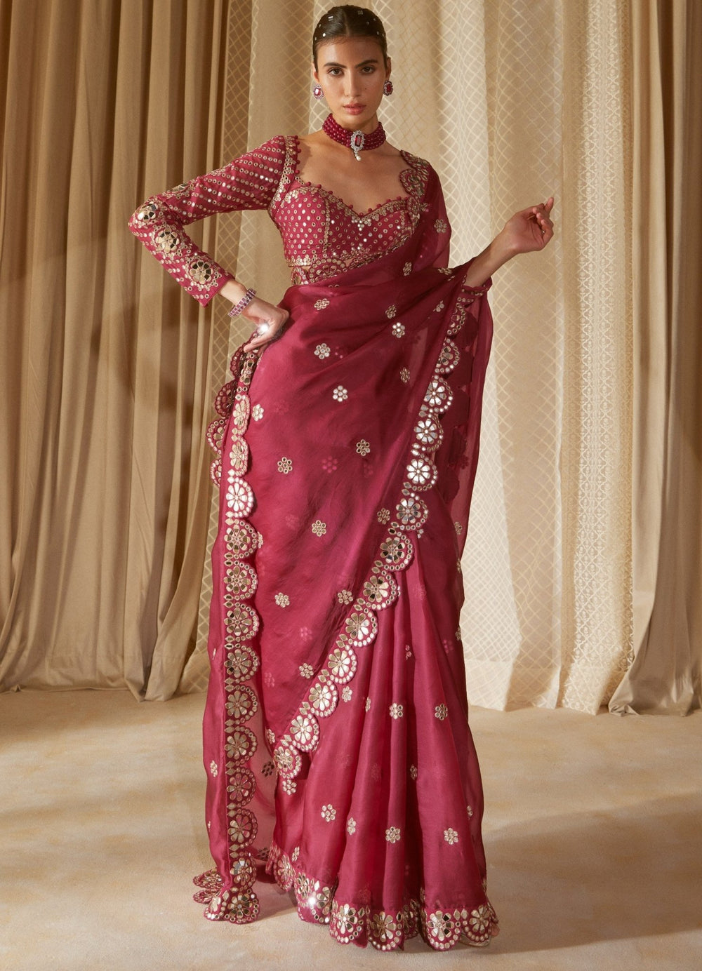 Mellow Wine Satin Organza Mirrorwork Saree With Full Sleeved Blouse Vvani by Vani Vats - Fabilicious Fashion