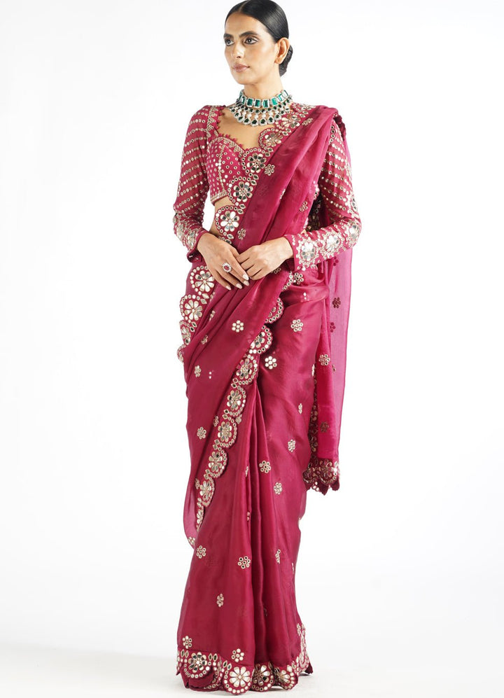Mellow Wine Satin Organza Mirrorwork Saree With Full Sleeved Blouse Vvani by Vani Vats - Fabilicious Fashion