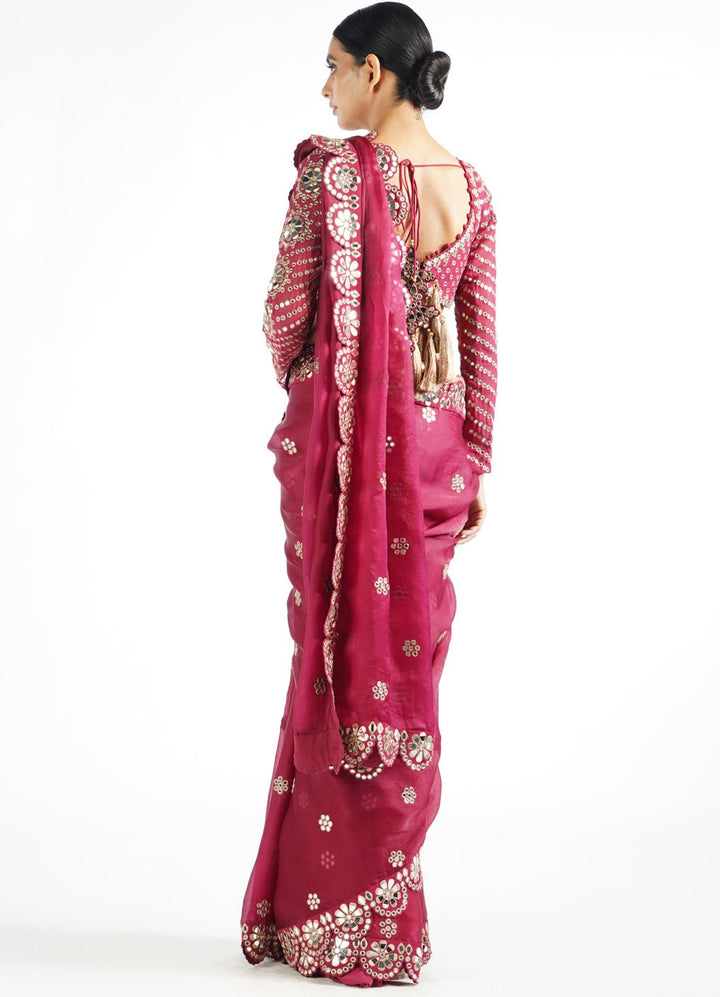 Mellow Wine Satin Organza Mirrorwork Saree With Full Sleeved Blouse Vvani by Vani Vats - Fabilicious Fashion