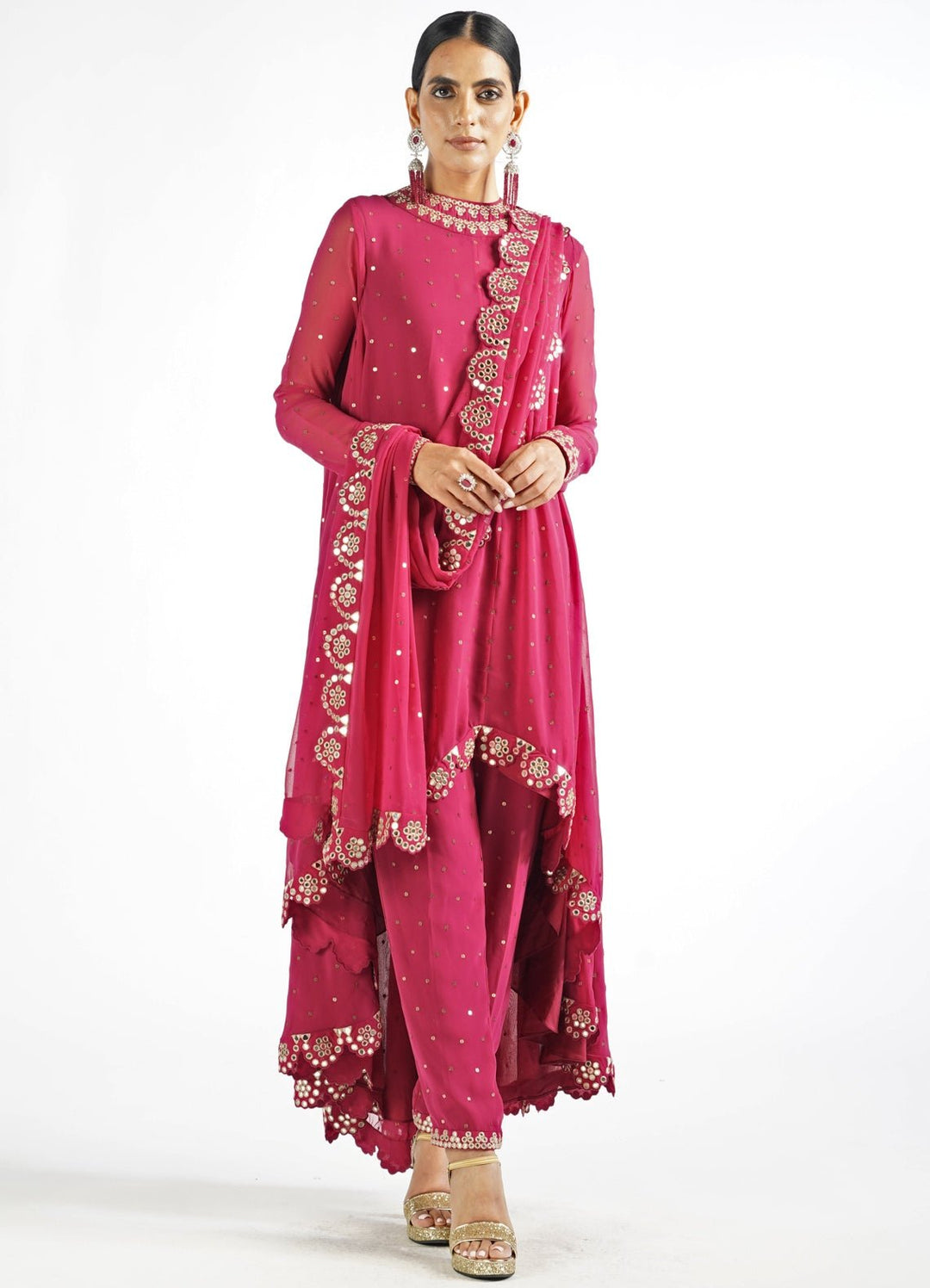 Mellow Wine Scallop Pant Kurta Set With Scallop Dupatta Vvani by Vani Vats - Fabilicious Fashion