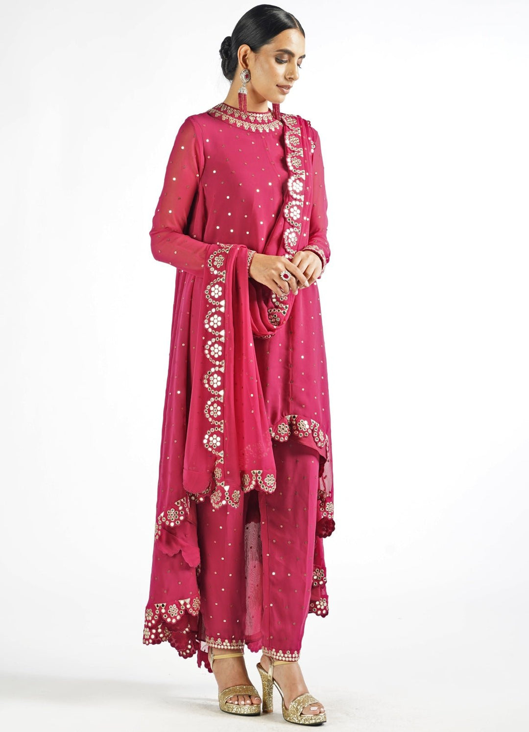 Mellow Wine Scallop Pant Kurta Set With Scallop Dupatta Vvani by Vani Vats - Fabilicious Fashion