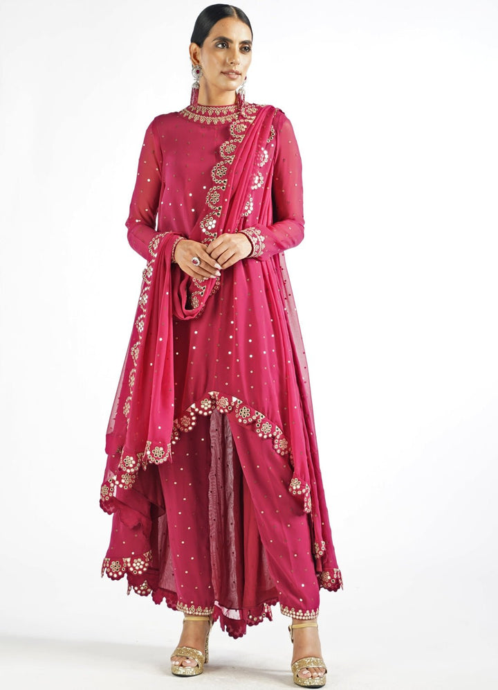 Mellow Wine Scallop Pant Kurta Set With Scallop Dupatta Vvani by Vani Vats - Fabilicious Fashion