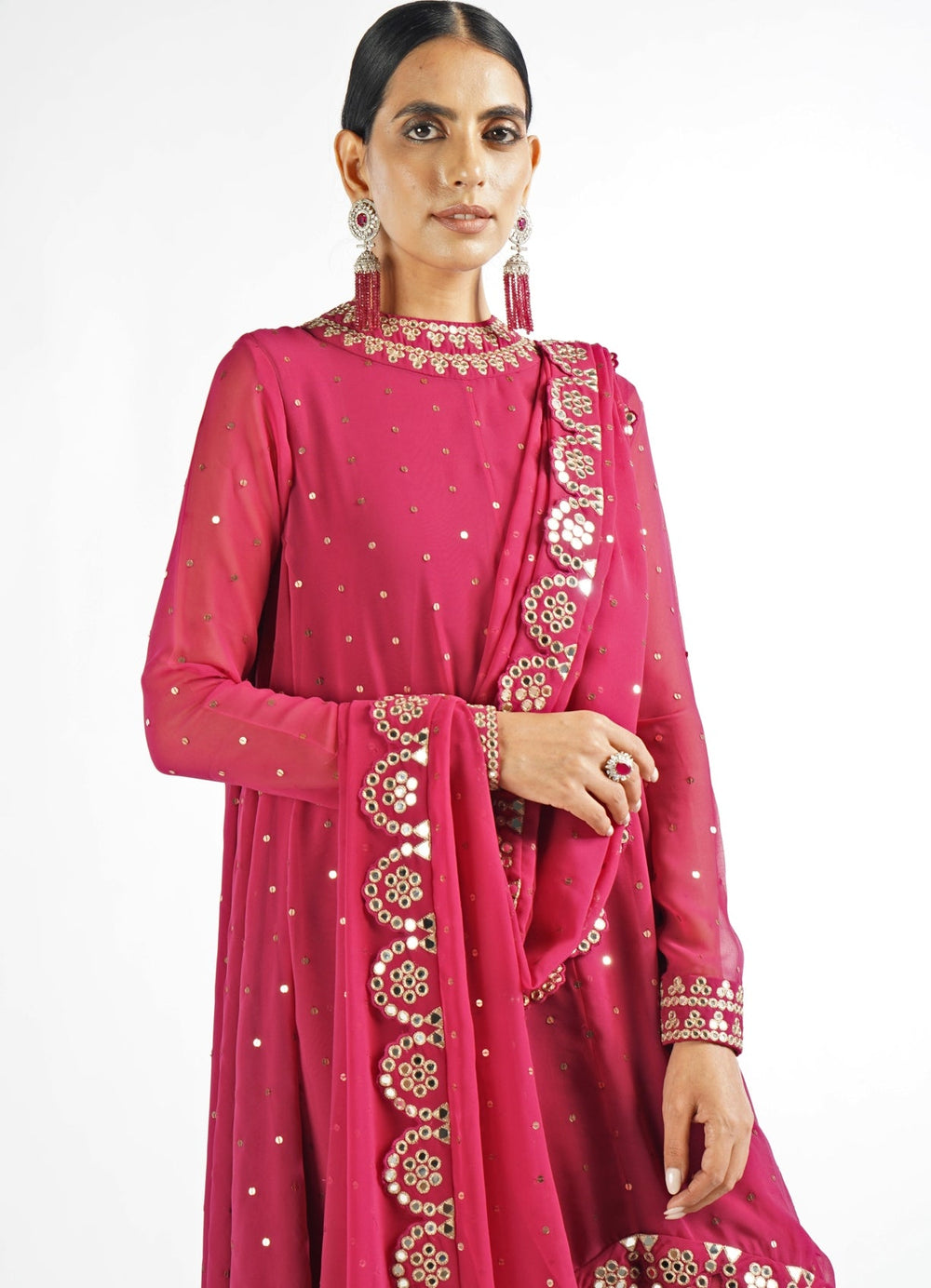 Mellow Wine Scallop Pant Kurta Set With Scallop Dupatta Vvani by Vani Vats - Fabilicious Fashion