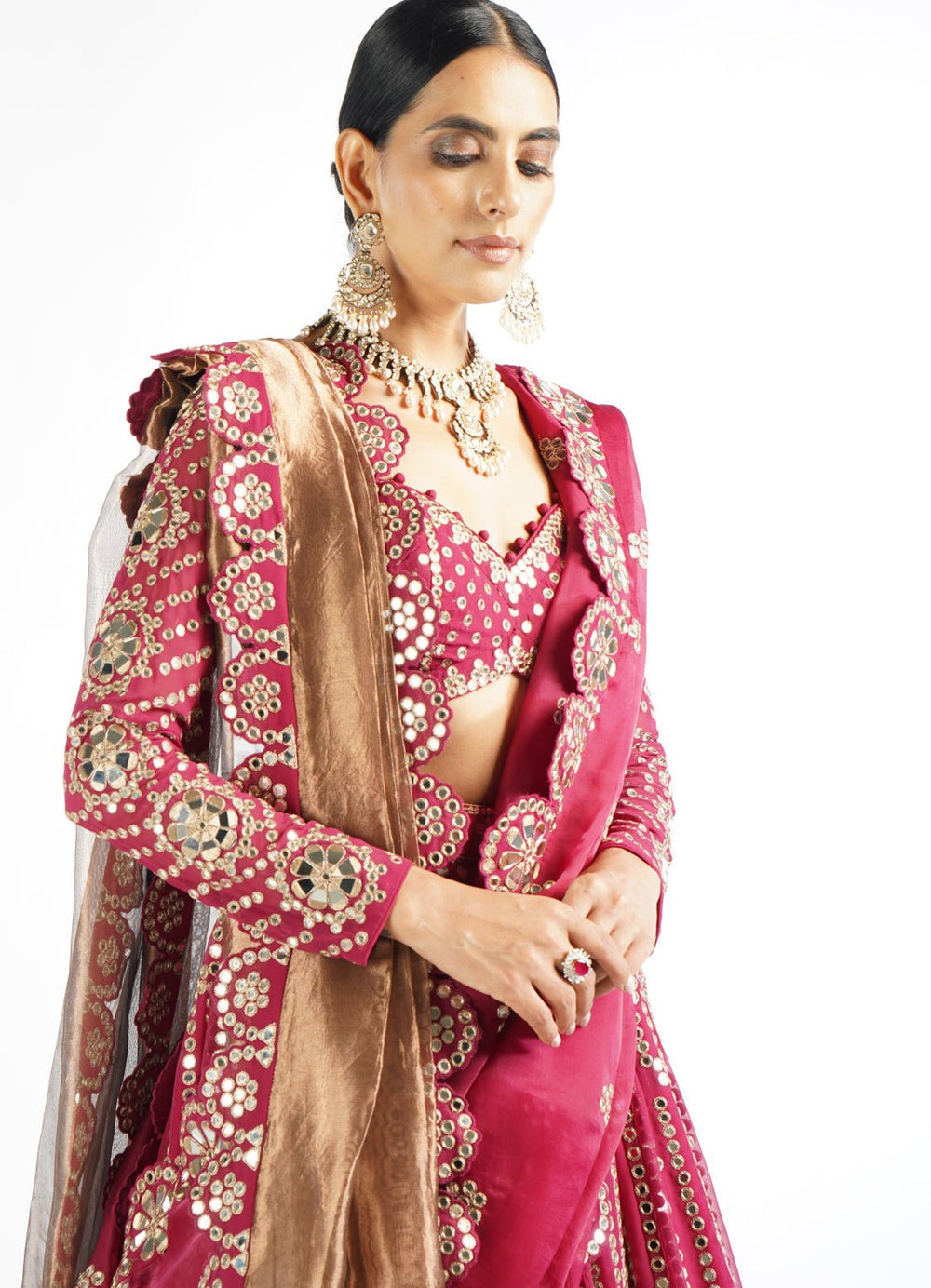 Mellow Wine Small Flower Linear Lehenga Set With Double Dupatta Vvani by Vani Vats - Fabilicious Fashion