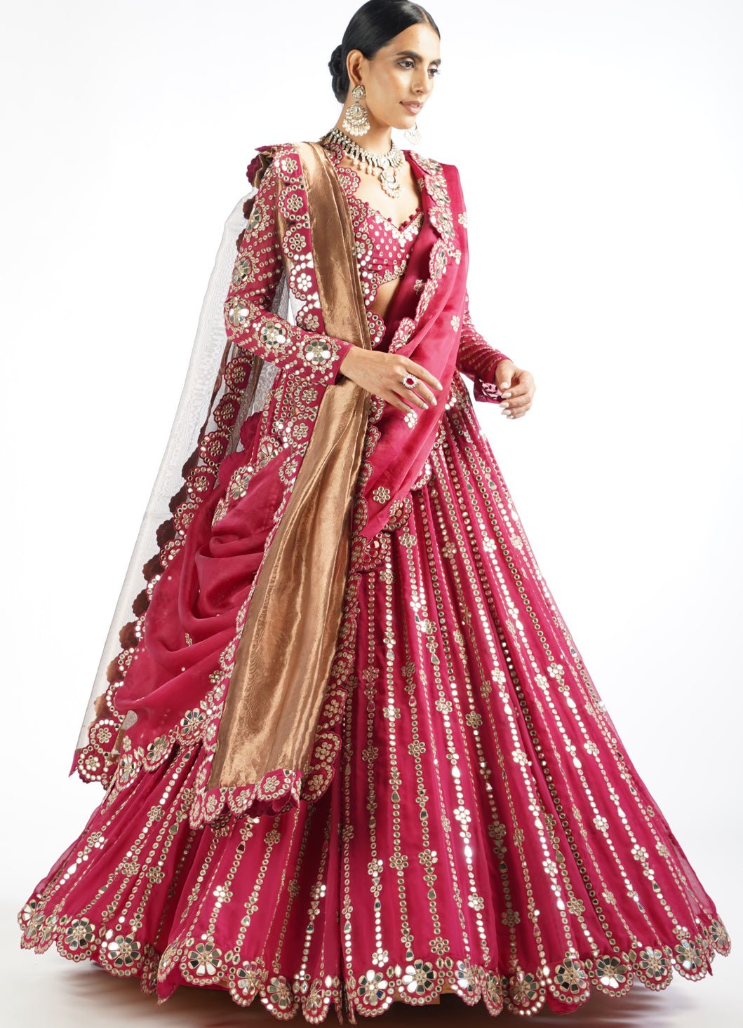 Mellow Wine Small Flower Linear Lehenga Set With Double Dupatta Vvani by Vani Vats - Fabilicious Fashion