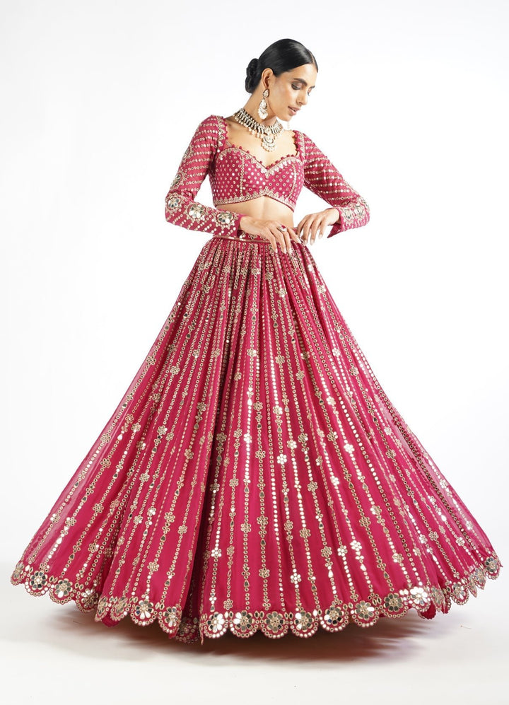 Mellow Wine Small Flower Linear Lehenga Set Vvani by Vani Vats - Fabilicious Fashion