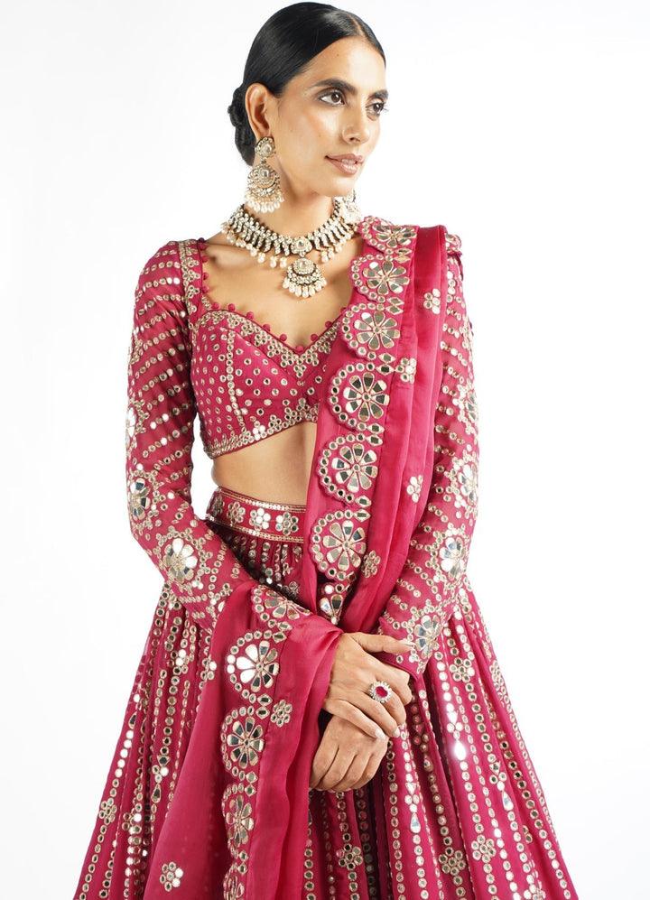 Mellow Wine Small Flower Linear Lehenga Set Vvani by Vani Vats - Fabilicious Fashion