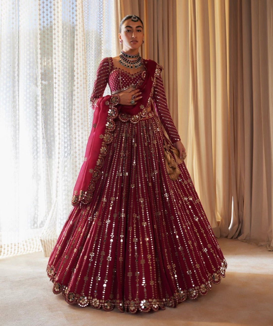Mellow Wine Small Flower Linear Lehenga Set Vvani by Vani Vats - Fabilicious Fashion