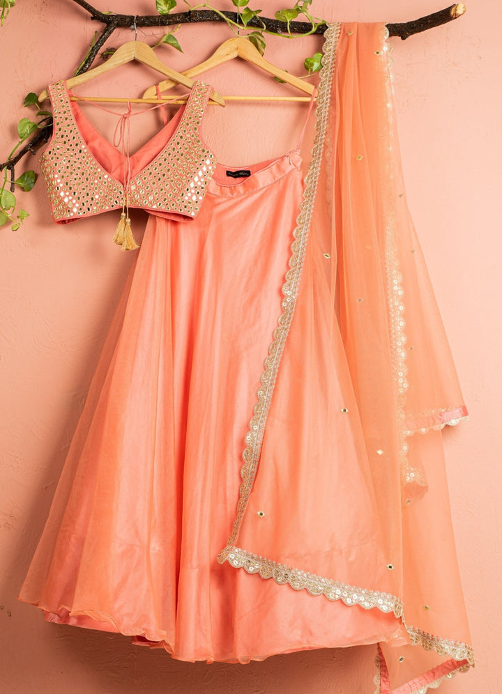Melon Orange Mirror and Abla Lehenga Set Anisha Shetty - Fabilicious Fashion
