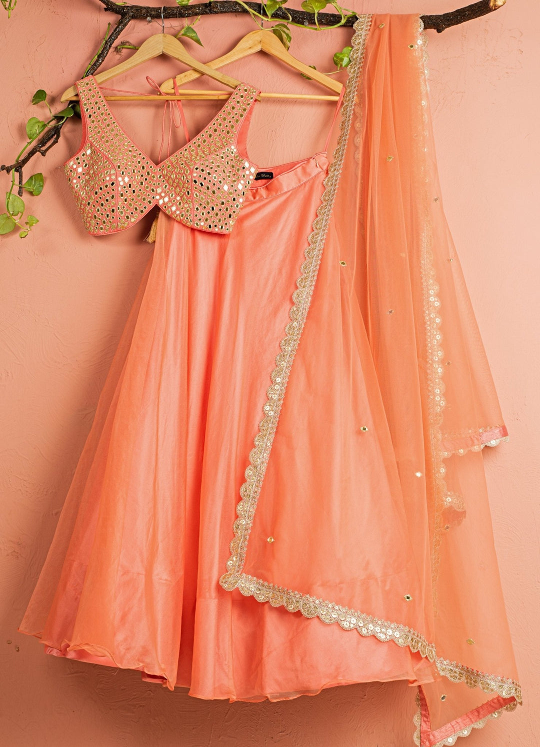 Melon Orange Mirror and Abla Lehenga Set Anisha Shetty - Fabilicious Fashion