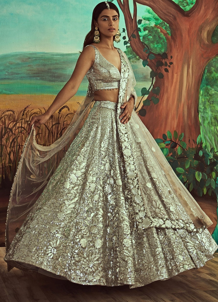Metallic Silver Sequins & Crystal Lehenga Set Angad Singh - Fabilicious Fashion