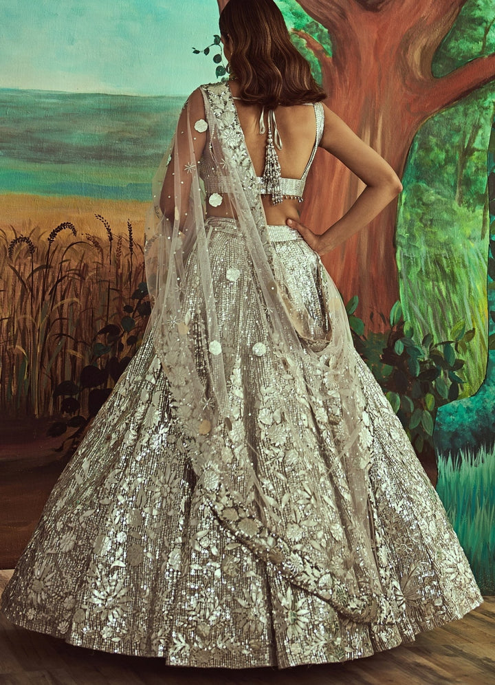 Metallic Silver Sequins & Crystal Lehenga Set Angad Singh - Fabilicious Fashion