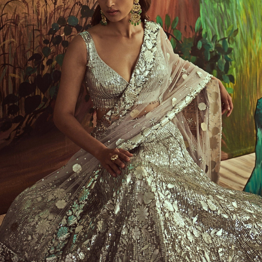 Metallic Silver Sequins & Crystal Lehenga Set Angad Singh - Fabilicious Fashion