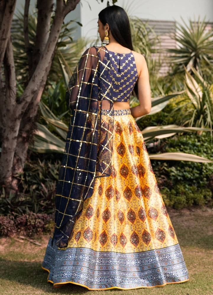 Midnight Blue and Yellow Lehenga Set Rashika Sharma - Fabilicious Fashion