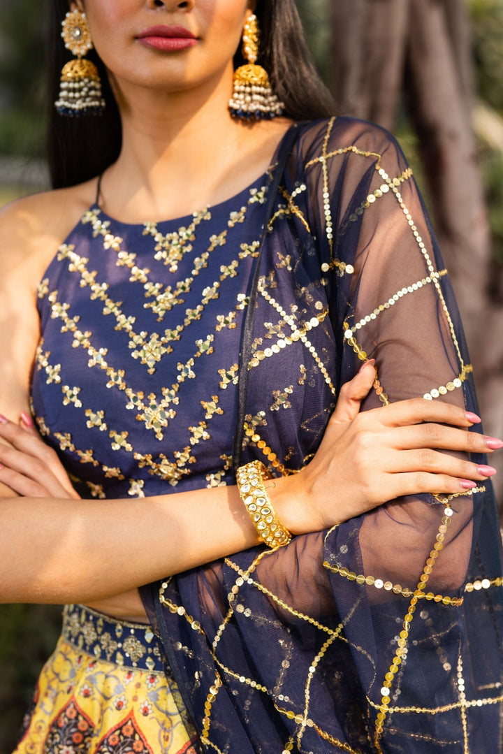 Midnight Blue and Yellow Lehenga Set Rashika Sharma - Fabilicious Fashion