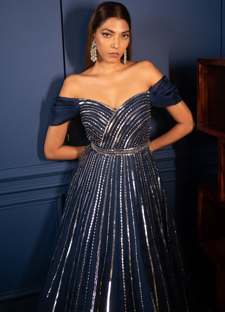 Midnight Blue Crystals and Sequins Off Shoulder Gown Parul Gandhi - Fabilicious Fashion