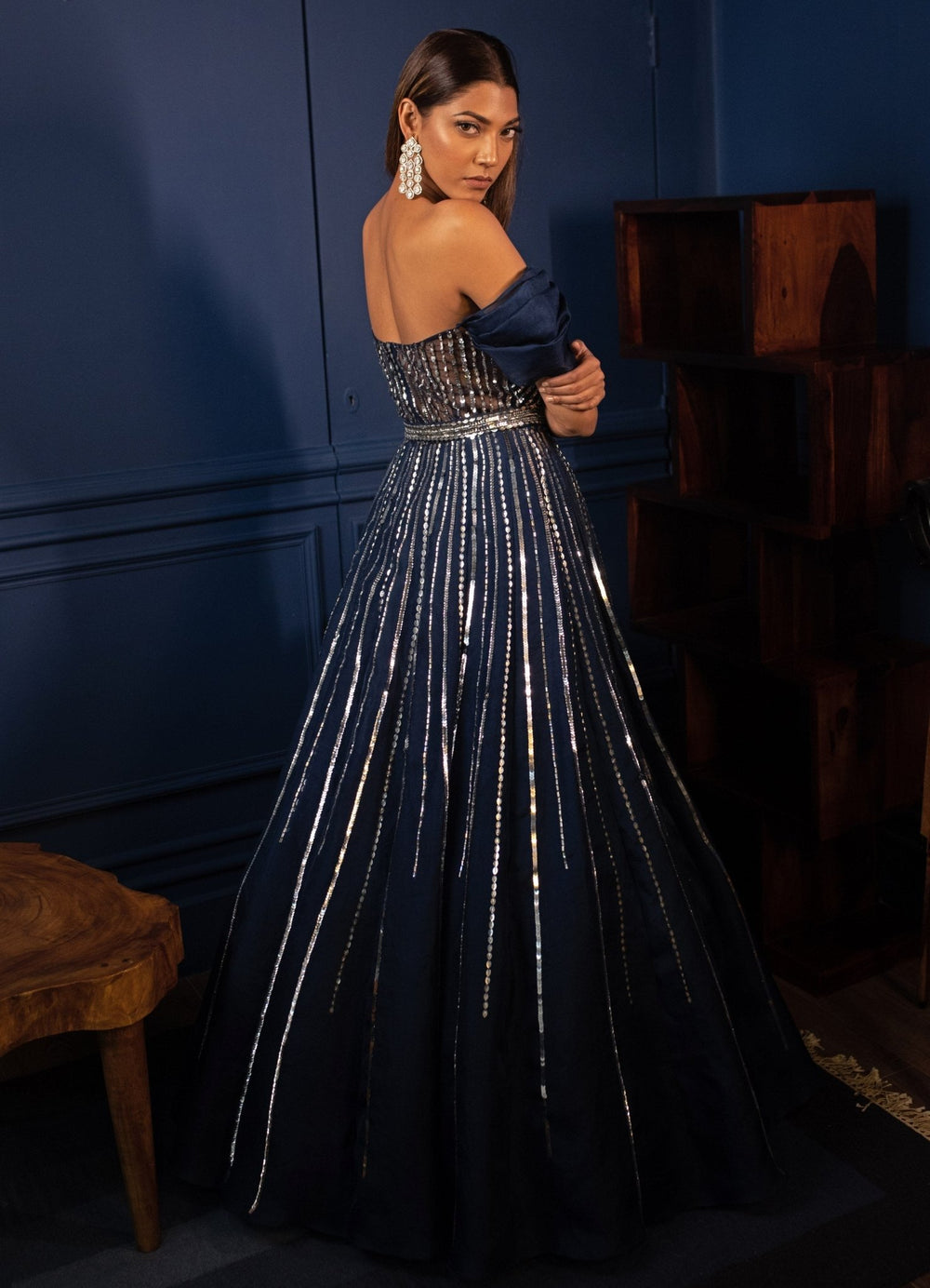 Midnight Blue Crystals and Sequins Off Shoulder Gown Parul Gandhi - Fabilicious Fashion