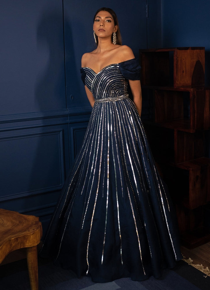 Midnight Blue Crystals and Sequins Off Shoulder Gown Parul Gandhi - Fabilicious Fashion