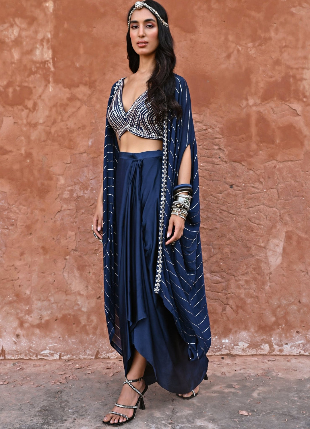 Midnight Blue Drape Lehenga and Cape Set Chamee n Palak - Fabilicious Fashion