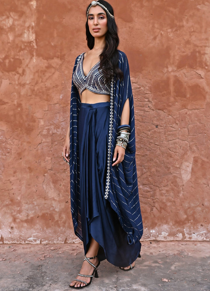 Midnight Blue Drape Lehenga and Cape Set Chamee n Palak - Fabilicious Fashion