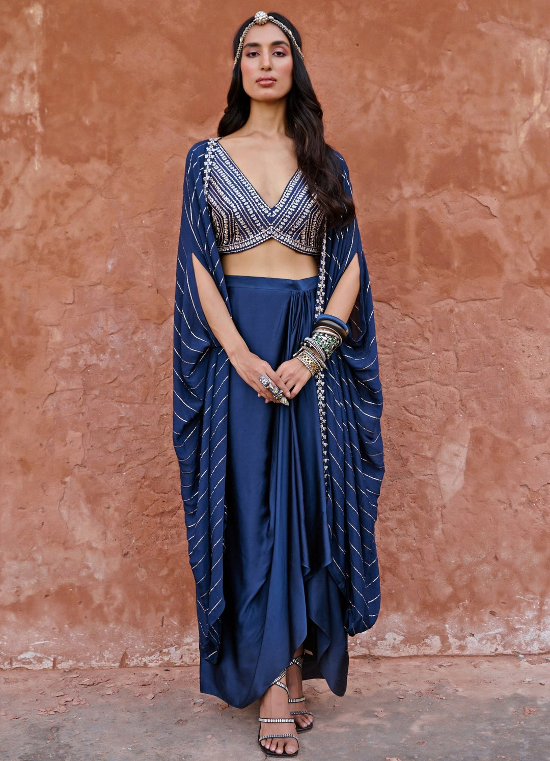 Midnight Blue Drape Lehenga and Cape Set Chamee n Palak - Fabilicious Fashion