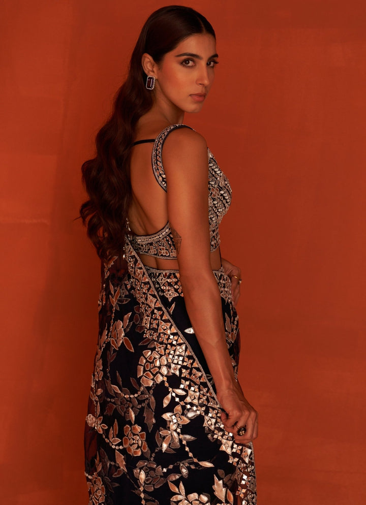Midnight Blue Embellished Net Saree Set With Mirror Work Angad Singh - Fabilicious Fashion