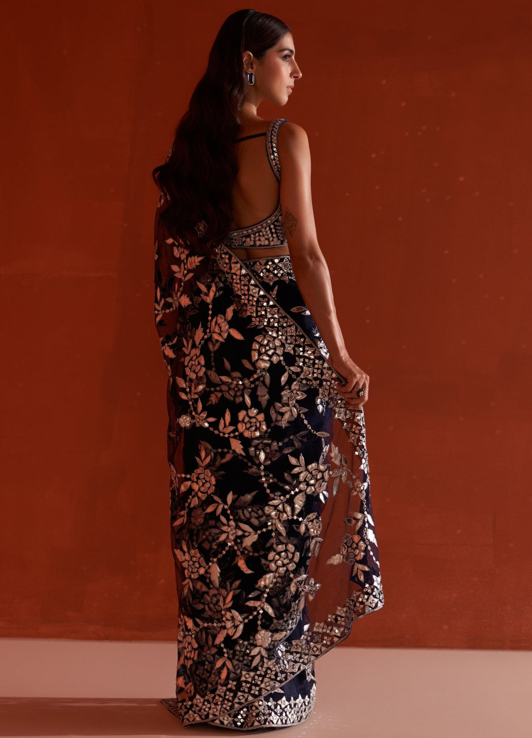 Midnight Blue Embellished Net Saree Set With Mirror Work Angad Singh - Fabilicious Fashion