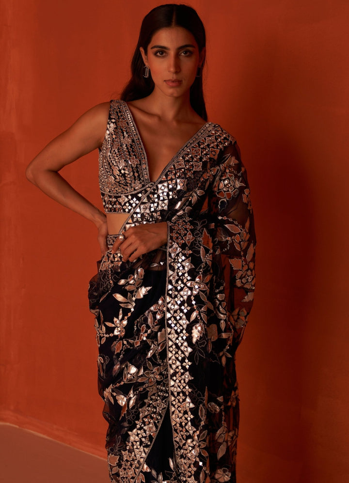 Midnight Blue Embellished Net Saree Set With Mirror Work Angad Singh - Fabilicious Fashion