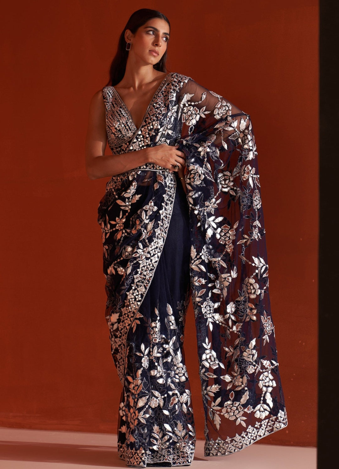 Midnight Blue Embellished Net Saree Set With Mirror Work Angad Singh - Fabilicious Fashion
