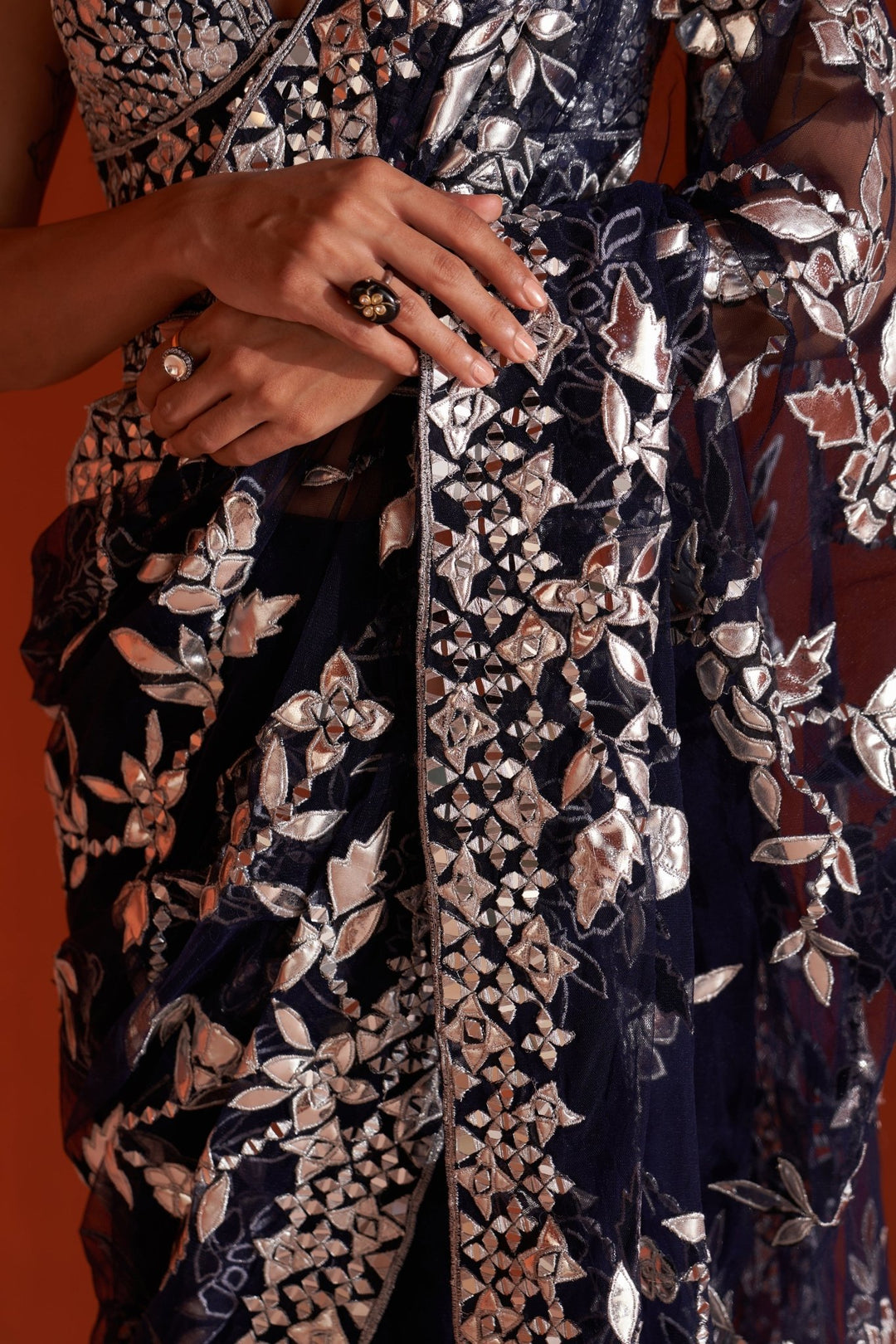 Midnight Blue Embellished Net Saree Set With Mirror Work Angad Singh - Fabilicious Fashion