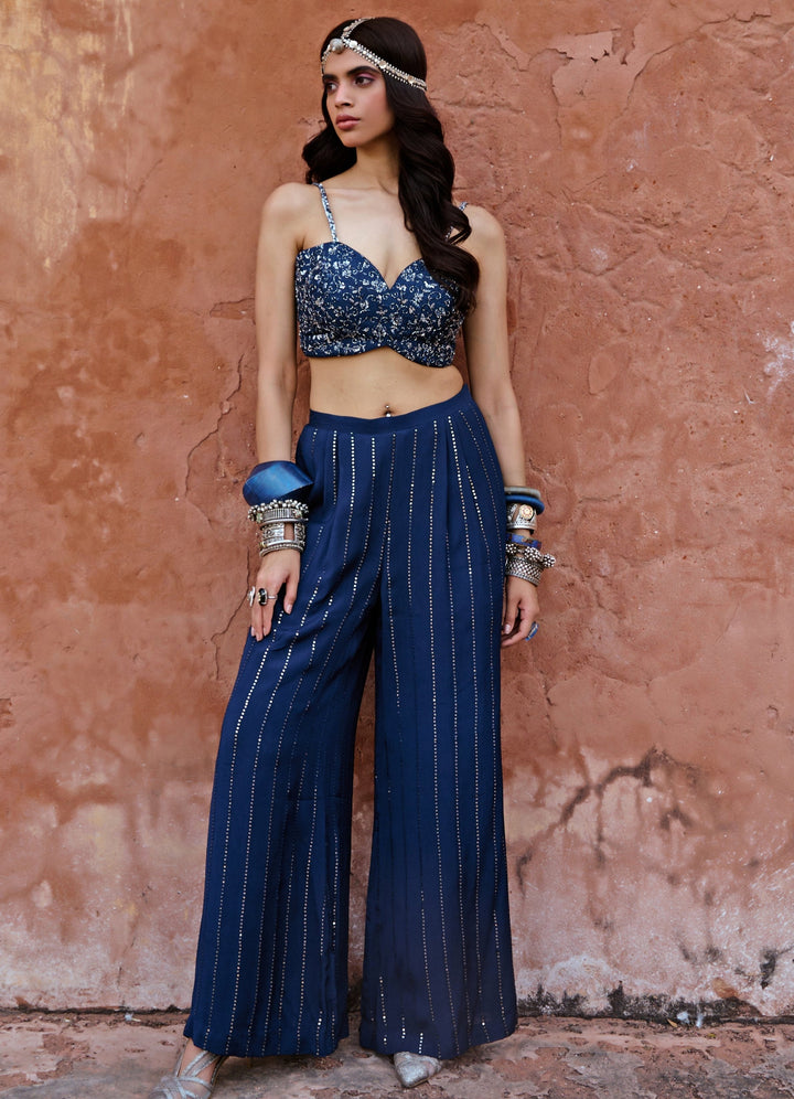Midnight Blue Embroidered Jacket Set Chamee n Palak - Fabilicious Fashion
