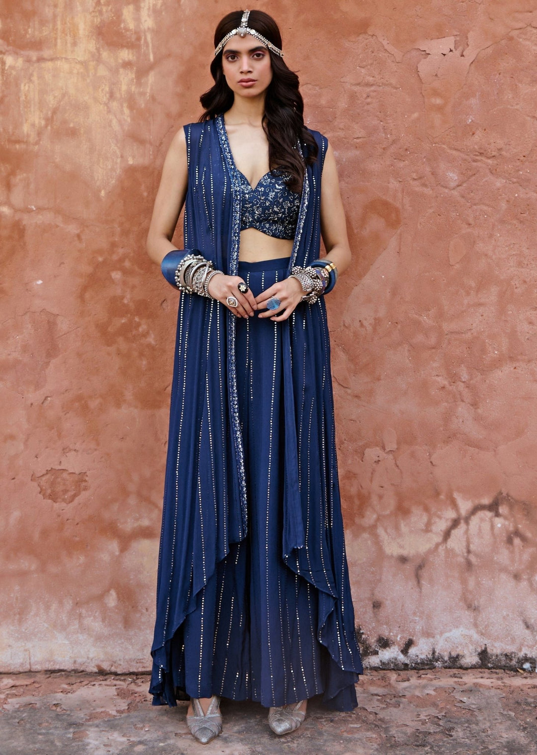 Midnight Blue Embroidered Jacket Set Chamee n Palak - Fabilicious Fashion