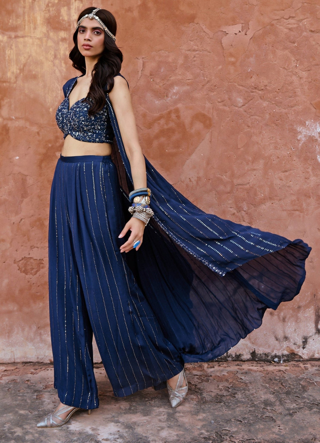 Midnight Blue Embroidered Jacket Set Chamee n Palak - Fabilicious Fashion
