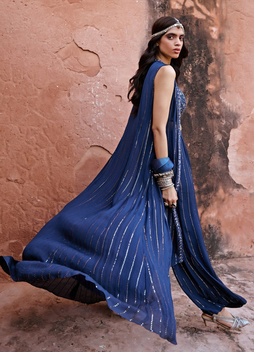 Midnight Blue Embroidered Jacket Set Chamee n Palak - Fabilicious Fashion